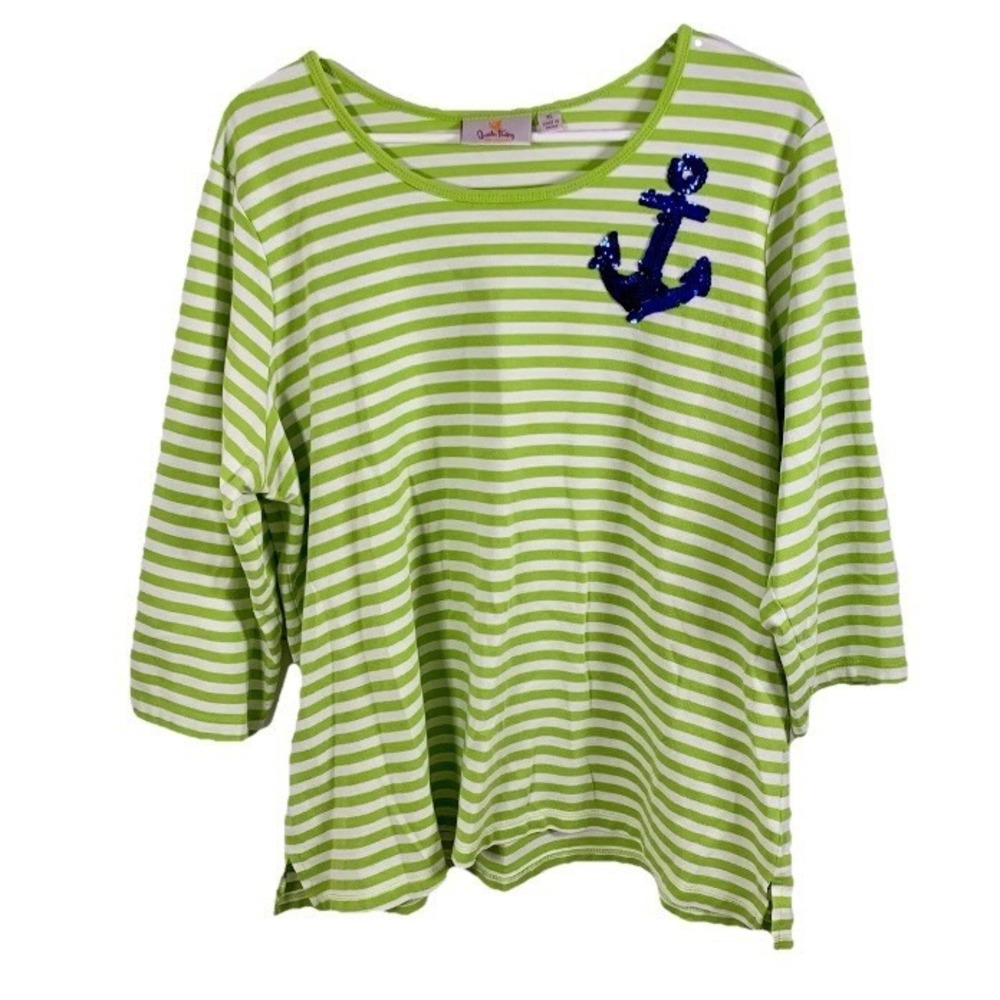 Quacker Factory XL Top Green‎ White Striped 3/4 Sleeve Sequin Anchor Nautical